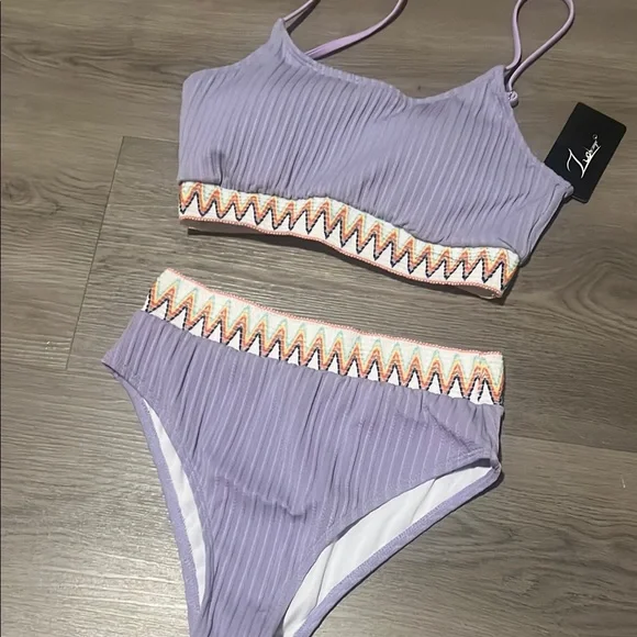 Purple Sporty Bikini with Orange tribal Crochet Trim - Picture 2 of 4